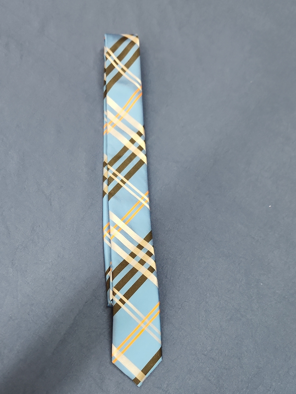 Skinny Tie Madness Light Blue Plaid Skinny Tie with Brown and Cream Accents